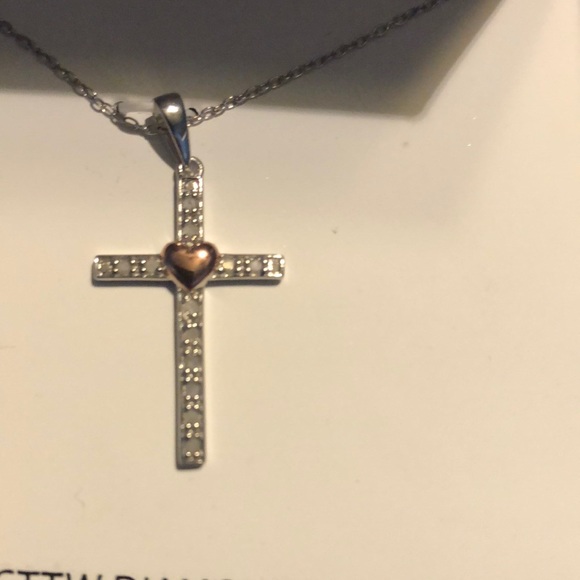 = NEW = ROSE GOLD HEART ON CROSS SILVER NECKLACE - Picture 2 of 5